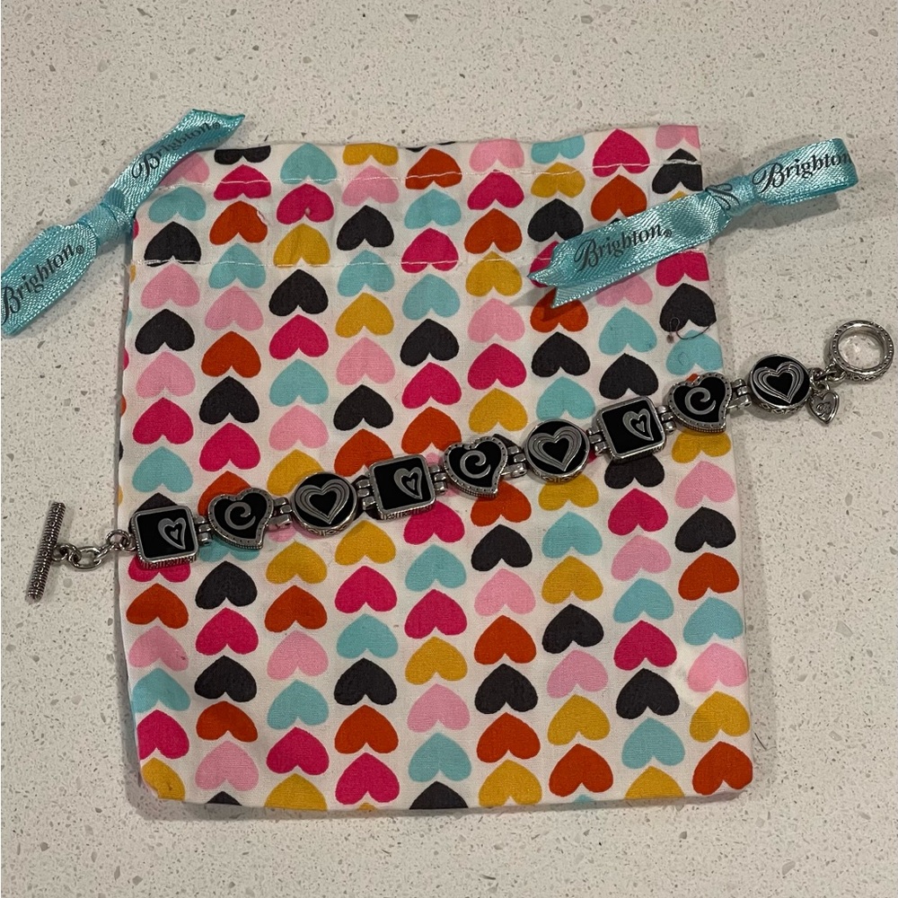 Brighton RETIRED Silver Tone Black Enamel Heart Bracelet Reversible 7 1/4”